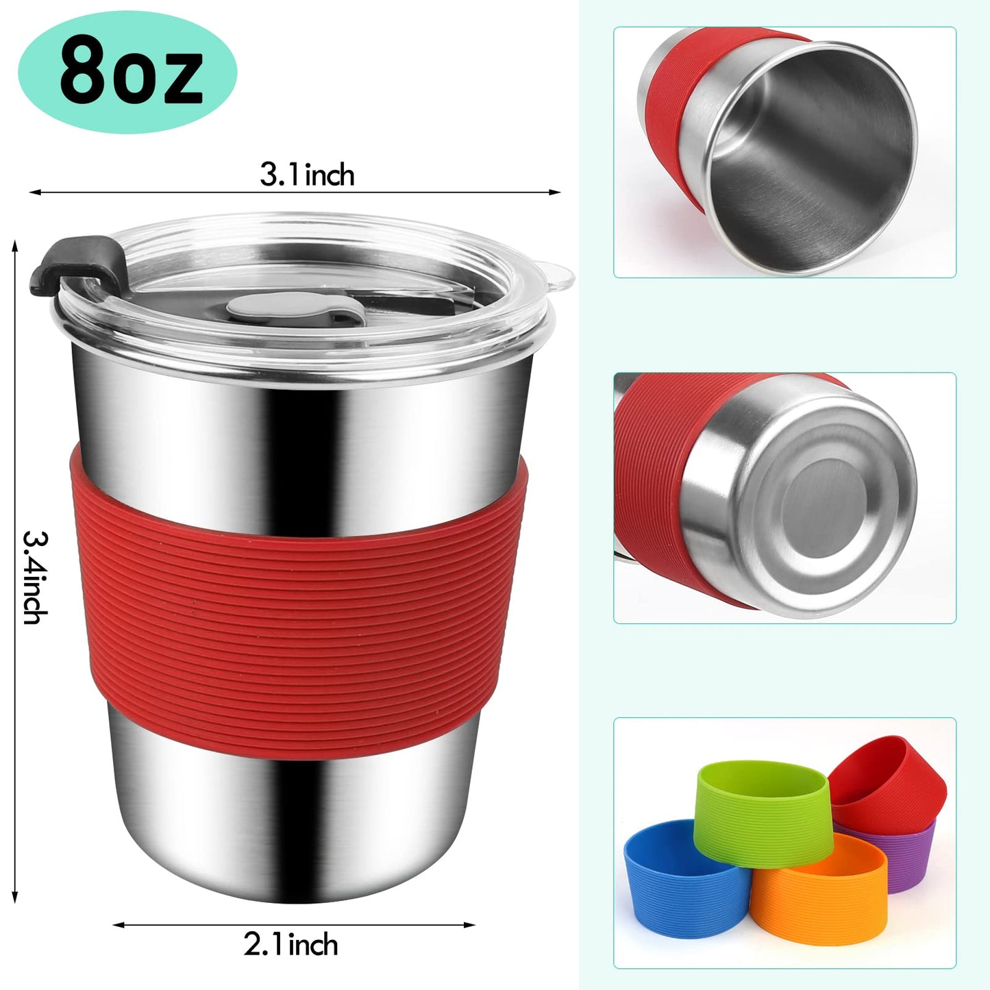 Shineme 8Oz Kids Cups Spill Proof, 5Pack Stainless Steel Sippy Cups With Lids And Silicone Sleeves, Reusable Toddler Cups For Ho