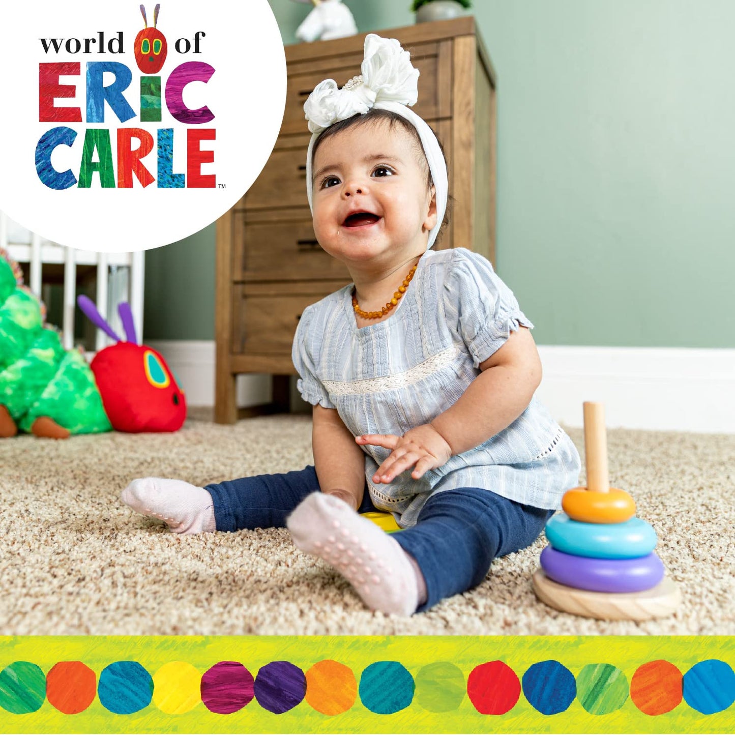 KIDS PREFERRED World of Eric Carle, The Very Hungry Caterpillar Wooden Stacker with Colorful Rainbow Rings, 7 Inch Stacking Soli