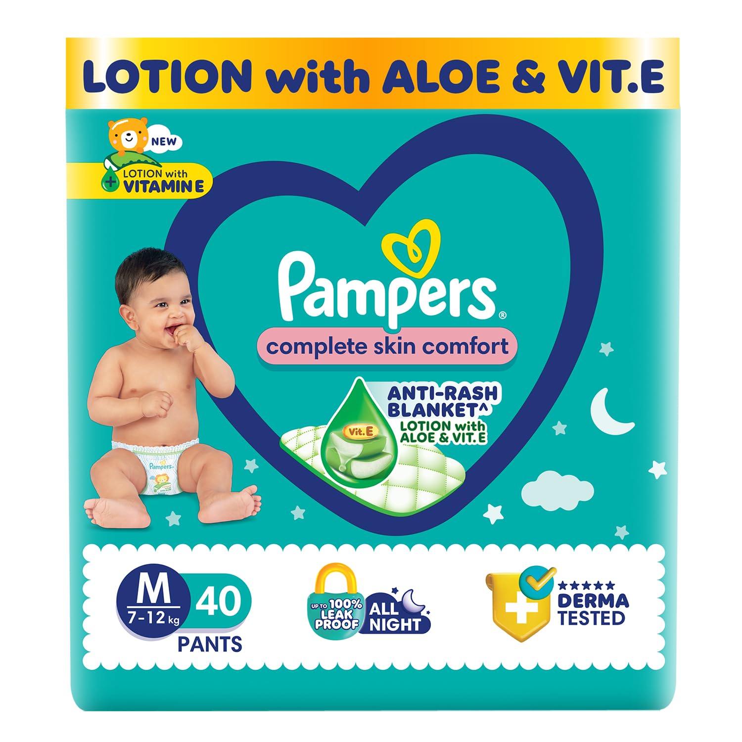 Pampers Complete Skin Comfort Pants, AntiRash Blanket, Lotion With Vitamin E & Aloe Vera, Medium Size Baby Diapers (Md) 40 Coun
