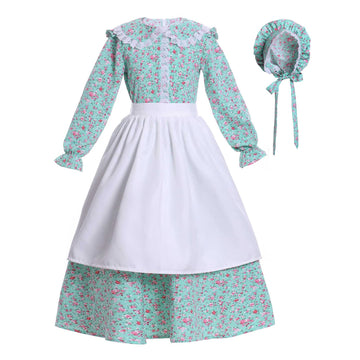 Vibsion Girls Pioneer Prairie Costume Pilgrim Dress Kids Floral Colonial Village Girl Costumes Bonnet Apron Set Green