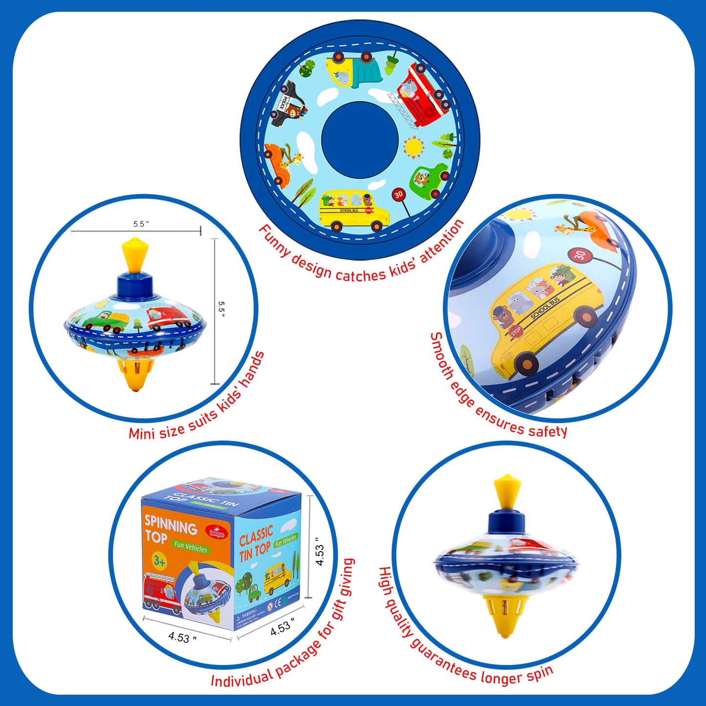 Beeqoo Retro Spinning Top Tin Toy For Kids - Fun Vehicle Classic Toys - Toddler Traditional Spin Tops - Metal Fidget Spinner For