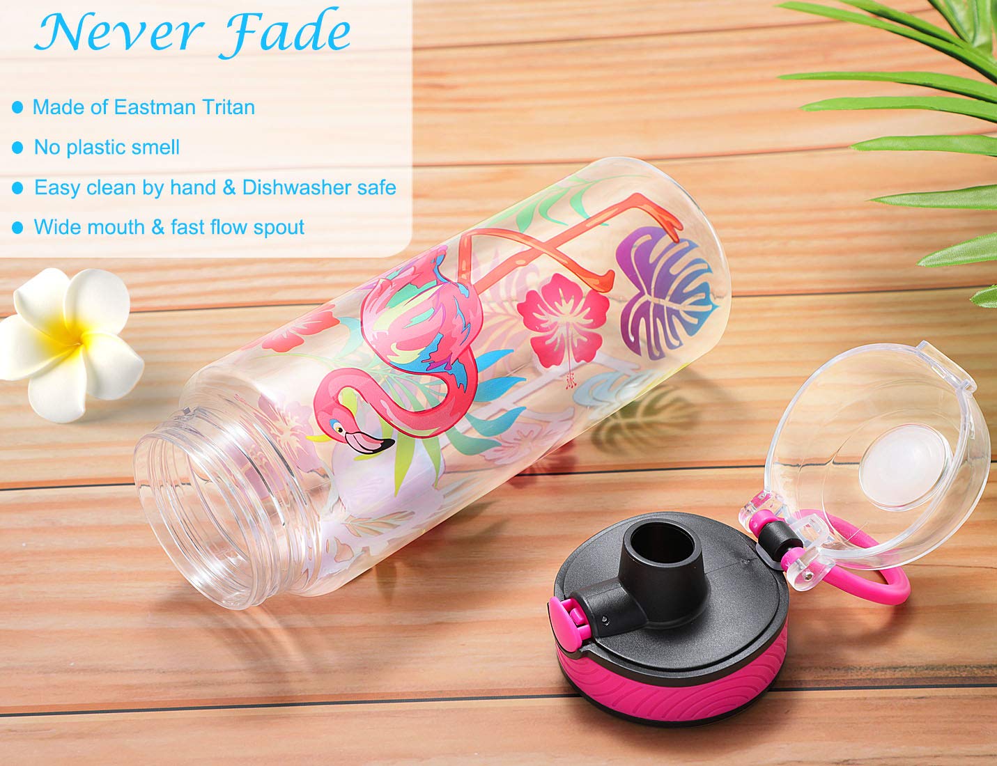 Cute Water Bottle For School Kids Girls, Bpa Free Tritan & Leak Proof & Easy Clean & Carry Handle, 23Oz/ 680Ml - Flamingo