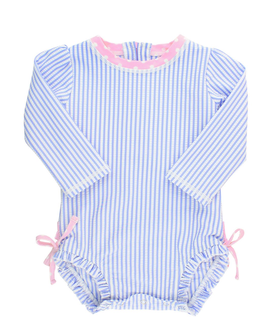 Rufflebutts Baby/Toddler Girls Long Sleeve One Piece Swimsuit - Blue Seersucker With Upf 50+ Sun Protection - 18-24M