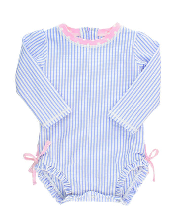 Rufflebutts Baby/Toddler Girls Long Sleeve One Piece Swimsuit - Blue Seersucker With Upf 50+ Sun Protection - 2T