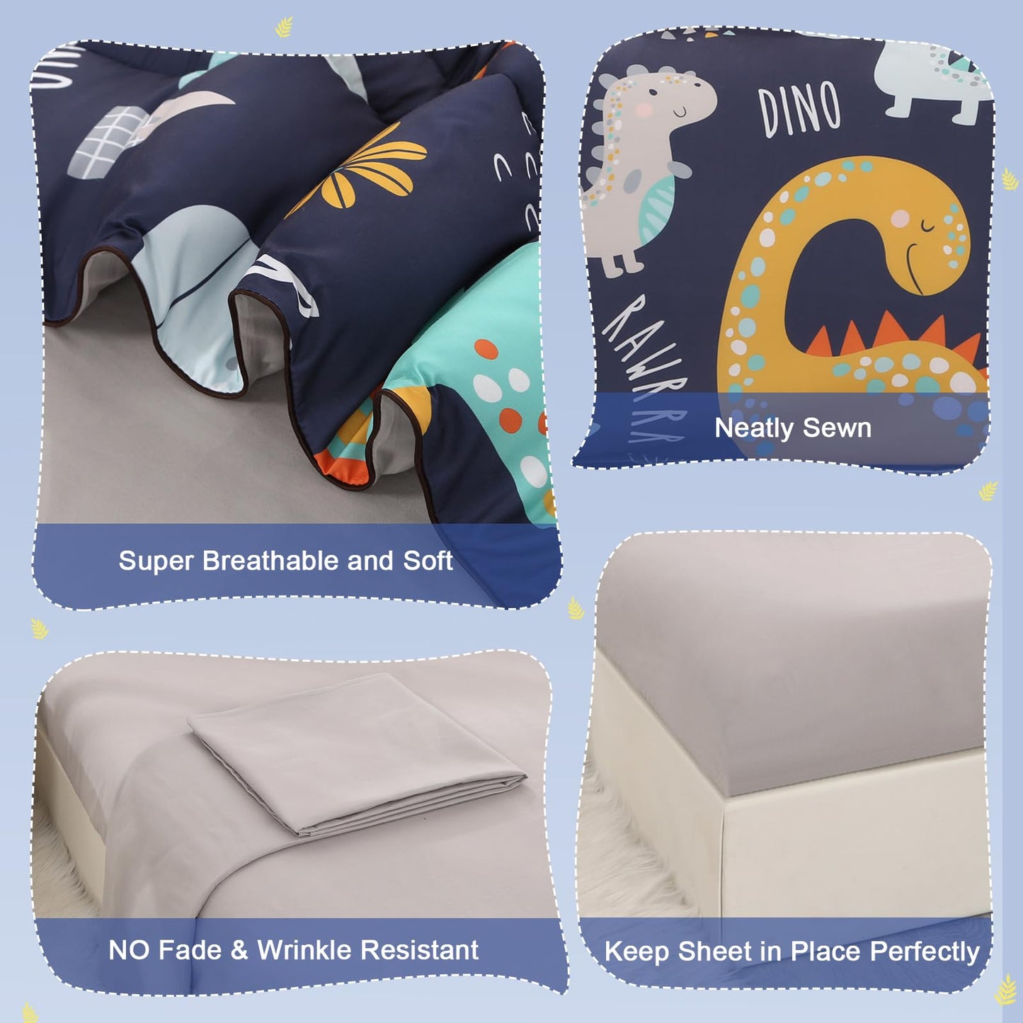 Wowelife Toddler Bedding Sets For Boys, Premium 4 Piece Dinosaur Toddler Comforter Set, Blue Grey Toddler Bed Set, Super Soft An