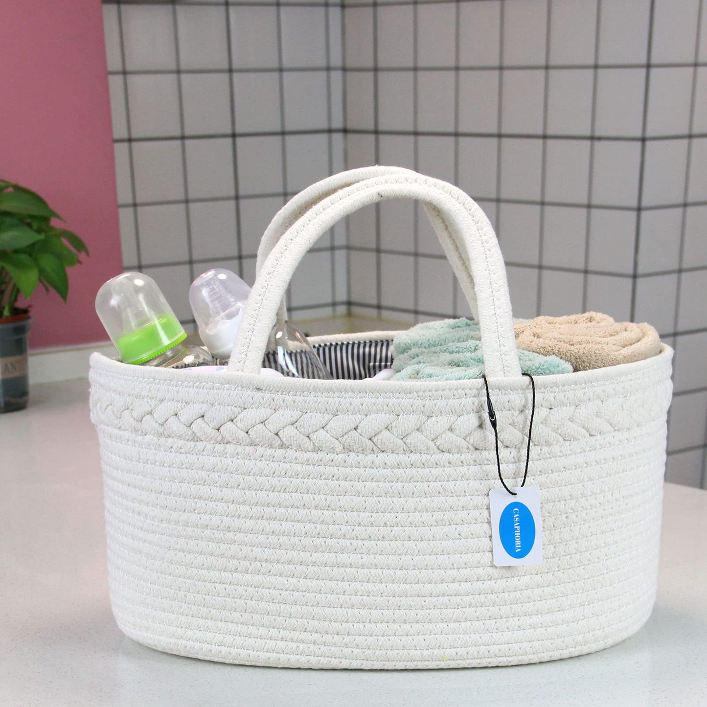 Casaphoria Little Large Baby Diaper Caddy Organizer - Nursery Storage Bin For Boys & Girls, Car Organizer, Cotton Rope Basket Po
