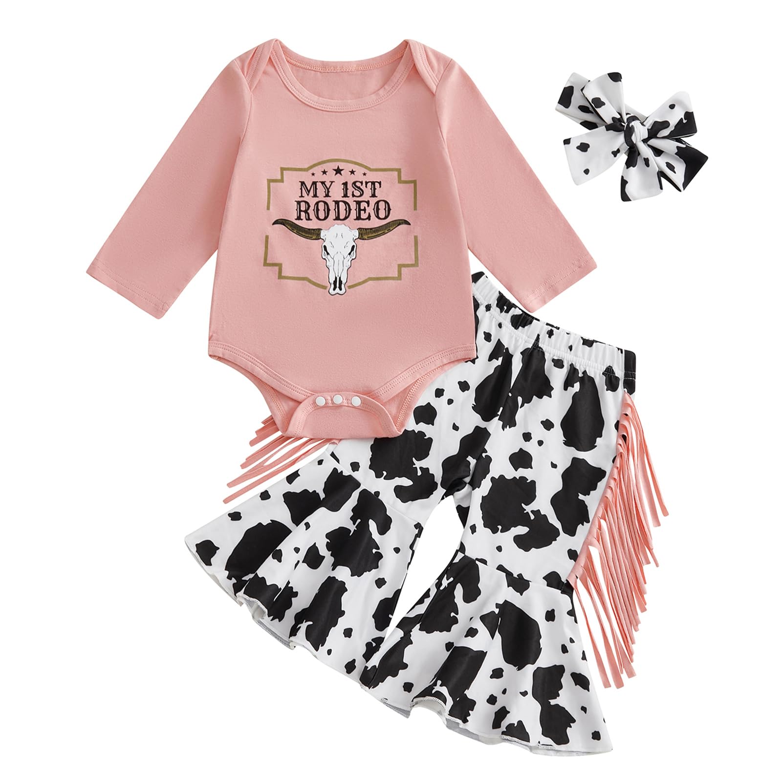 Kayotuas Western Baby Girl Clothes Summer Cowgirl Outfit Short Sleeve Romper Bow Boots Cow Print Flared Bell Bottom Pants Set (P