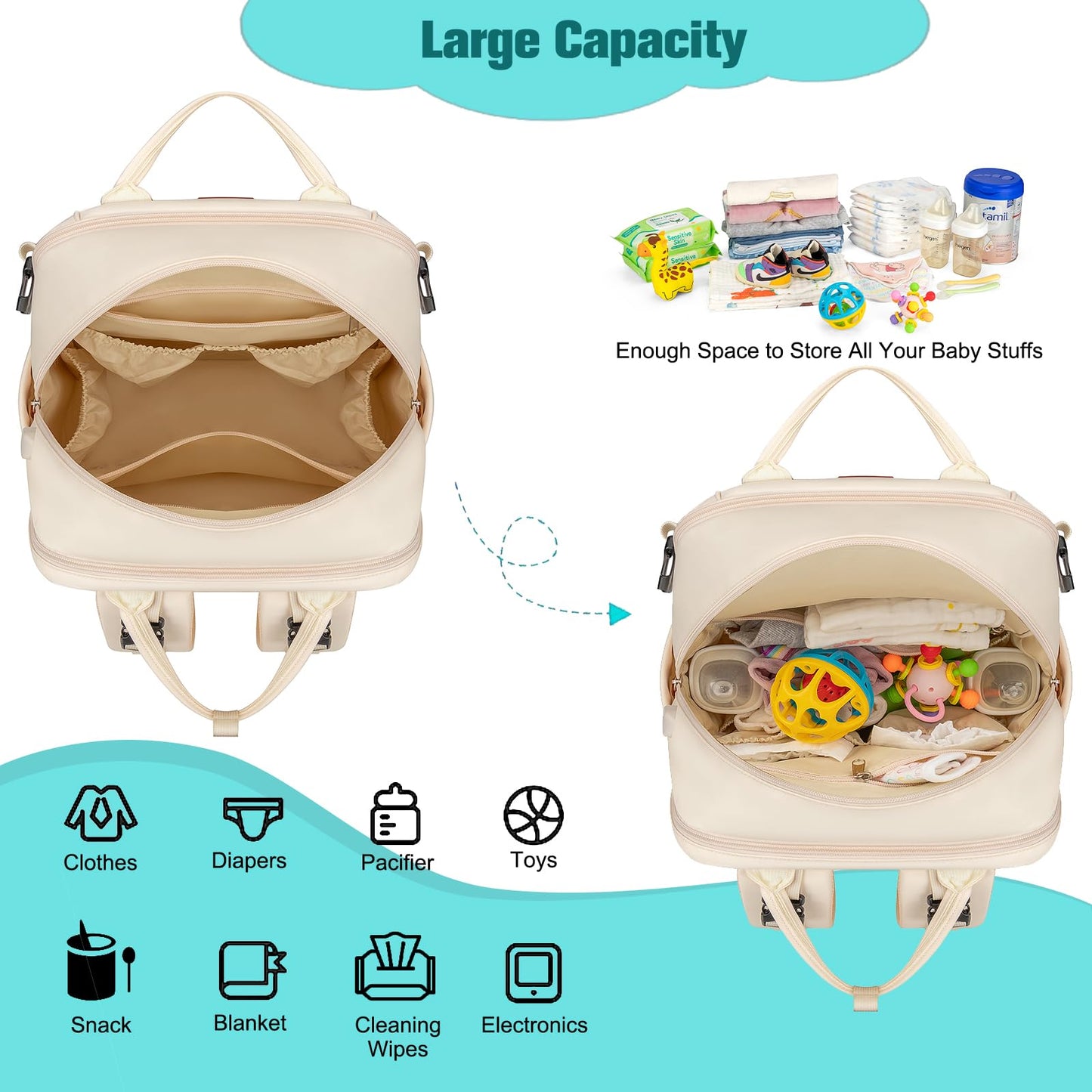 Diaper Bag Backpack,Bagparkk Multi Function Baby Bag With Portable Changing Pad, Pacifier Holder,Waterproof Diaper Bags With Usb