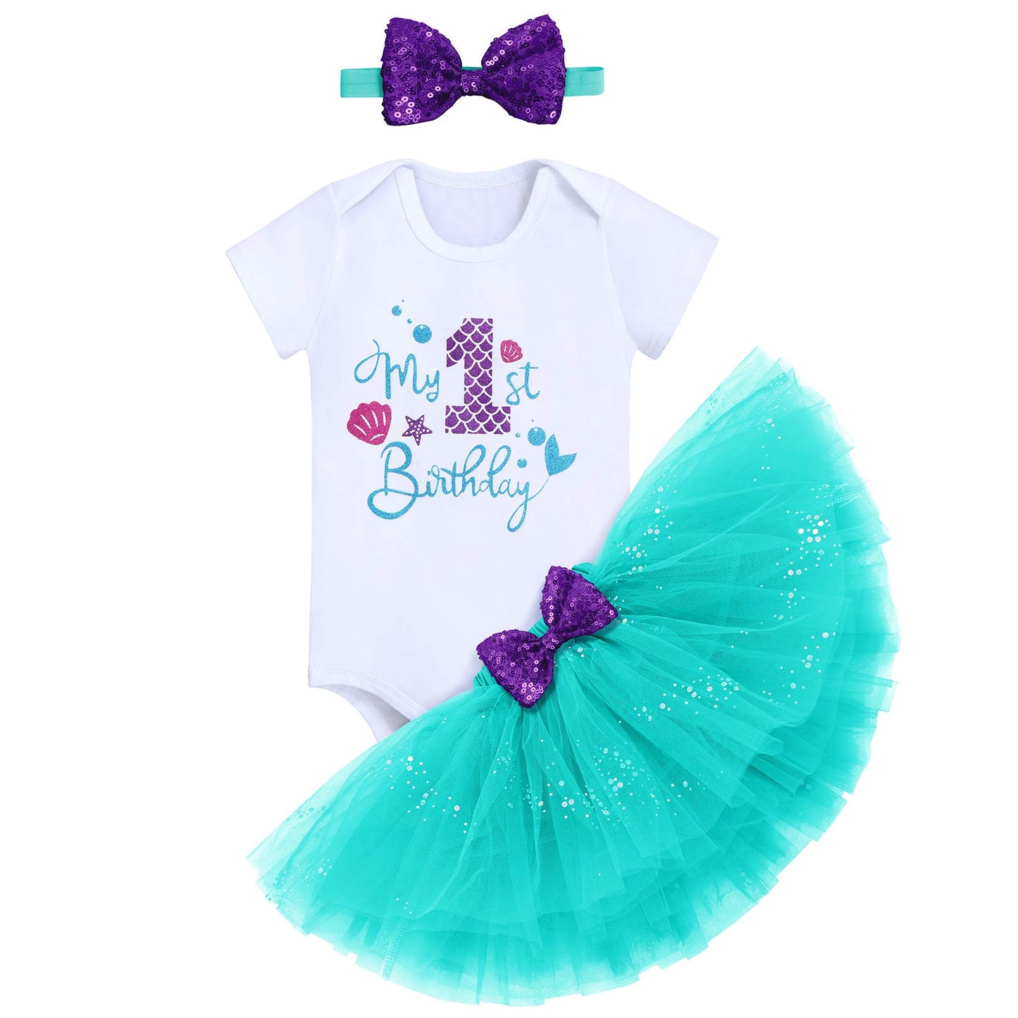 Mermaid 1St Birthday Outfit Baby Girl My First Birthday Cake Smash Photo Shoot Romper Little Mini Tutu Skirt Shiny Headband One