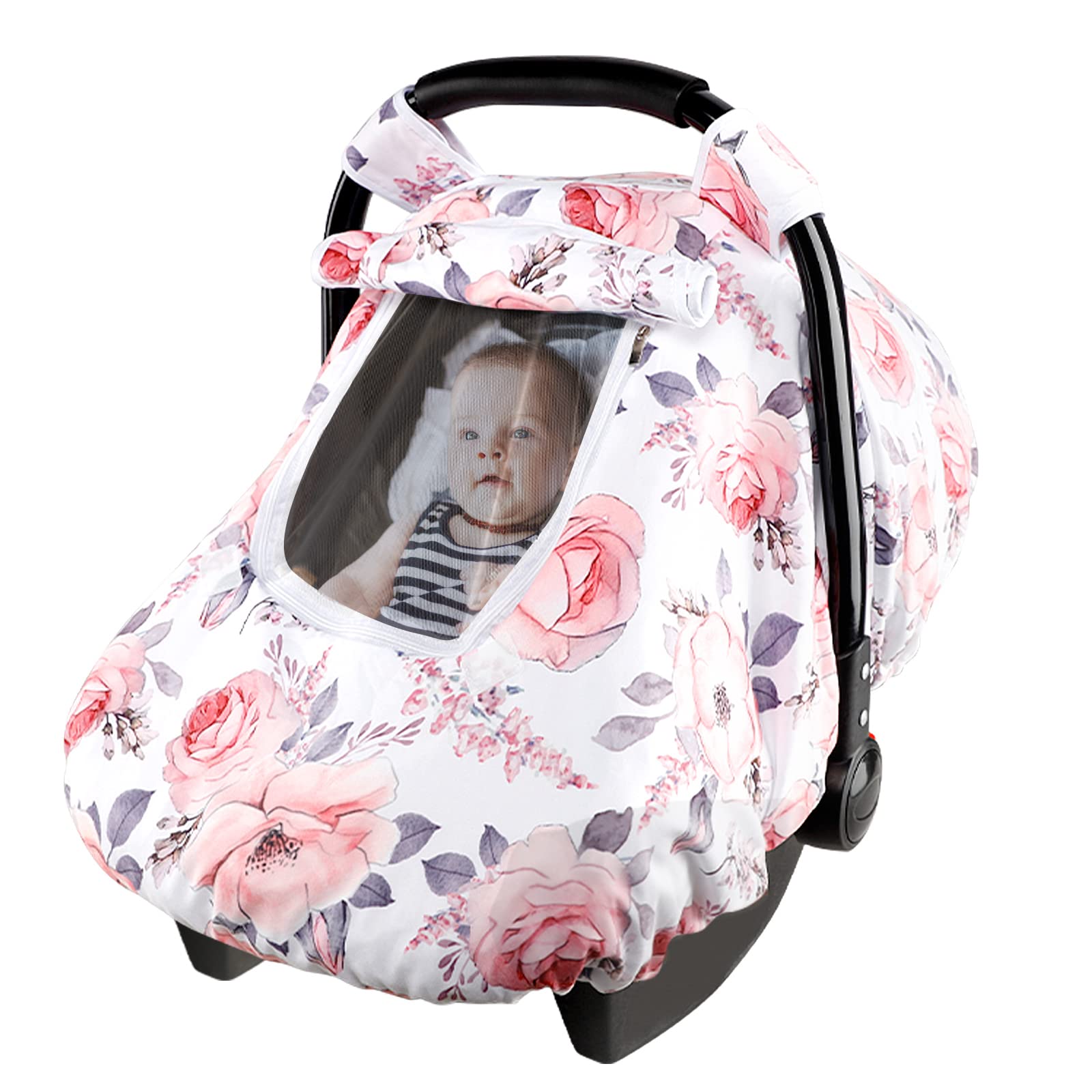 Car Seat Covers For Babies, Winter Carseat Cover Girls, Minky Infant Car Seat Canopy, Cozy & Warm Cover, Pink Floral