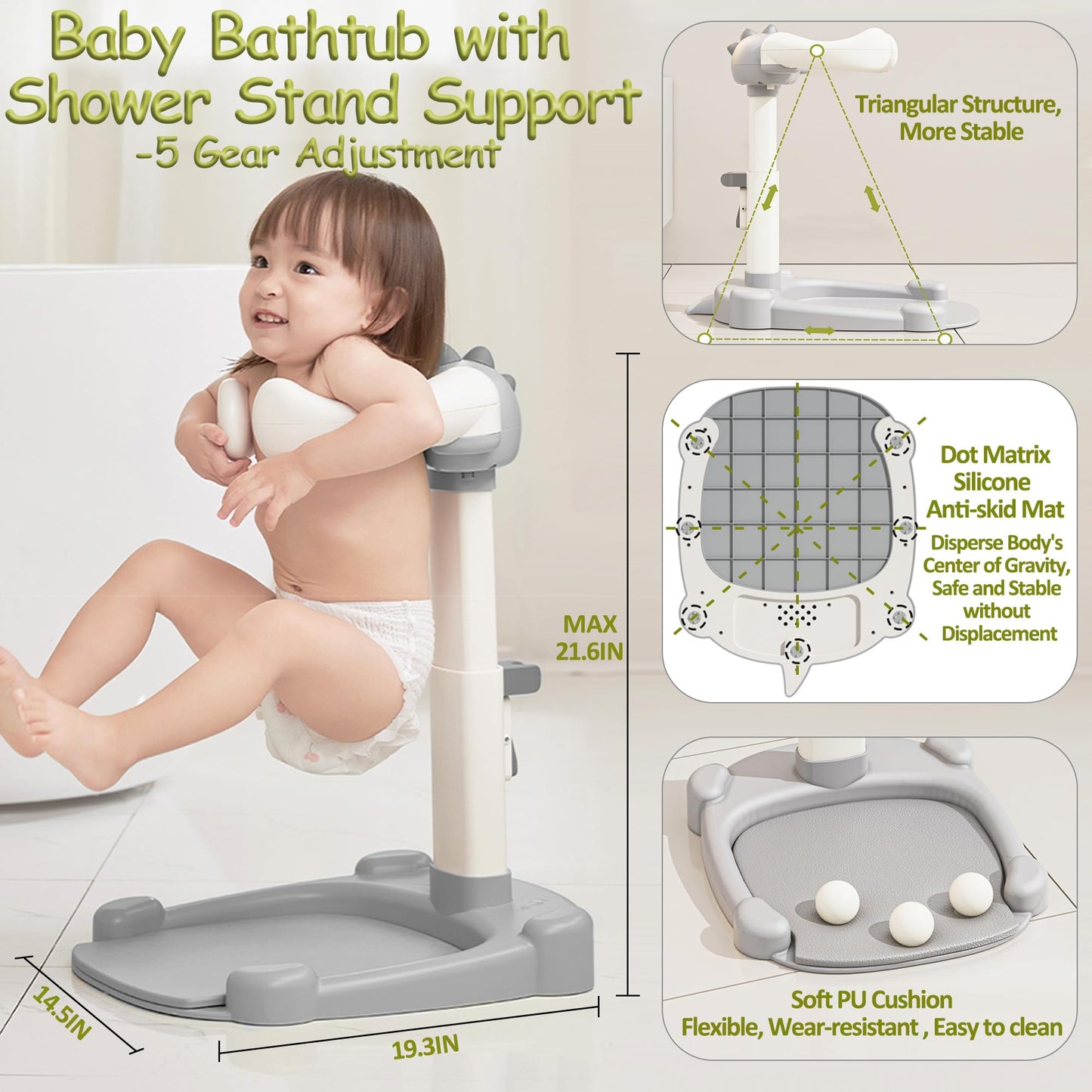 Joyfubabe Baby Shower Stand Bath Support Anti-Pinch Adjustable Height And Armrest Shower Tower With Anti-Slip Mat For Toddler St
