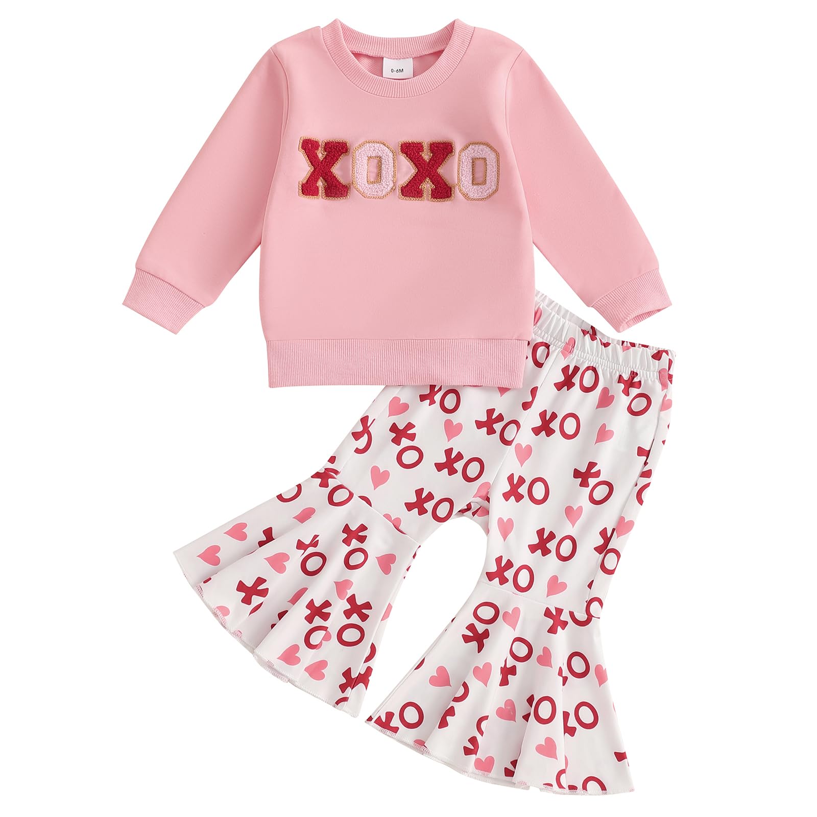 Engofs Toddler Baby Girl Valentines Day Outfit Long Sleeve Letter Print Sweatshirt Flared Pants Set (V3 Pink, 2-3T)
