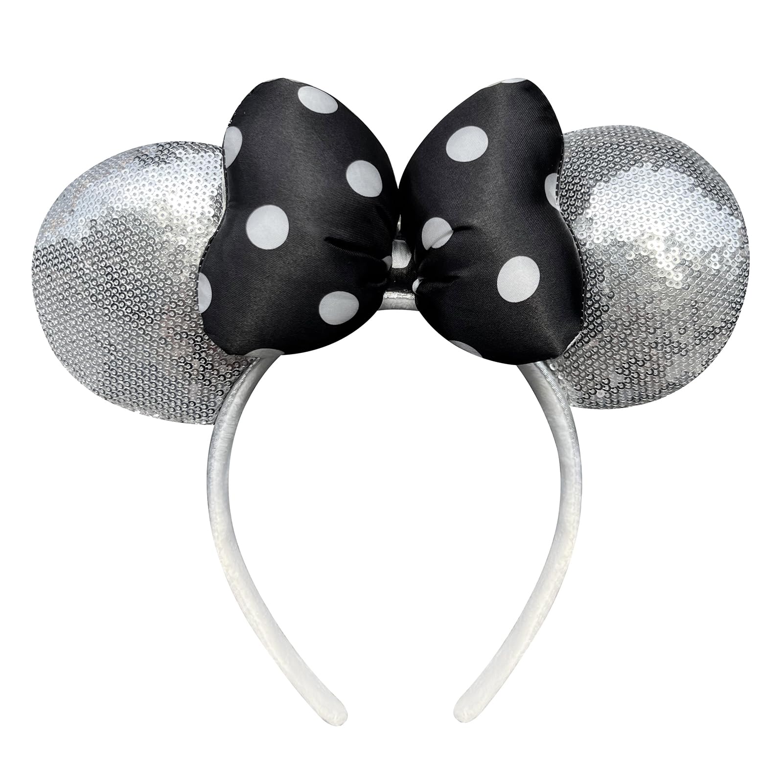 ODOCARE Handmade Mouse Ears Headband for Women and Girls, Polka Dot Bow Mouse Ears Costume Accessories(Shiny Silver)