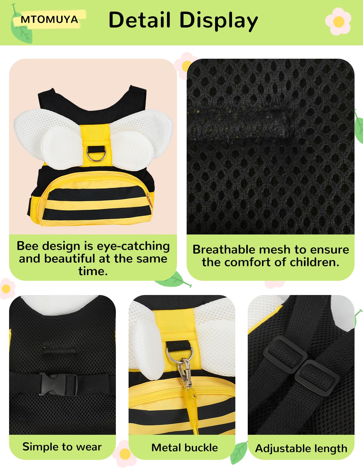 Mtomuya Toddler Harness With Anti Lost Wrist Link - Baby Leash & Backpacktraction Rope Bracelet With Locking Design, 3 In 1 Cute