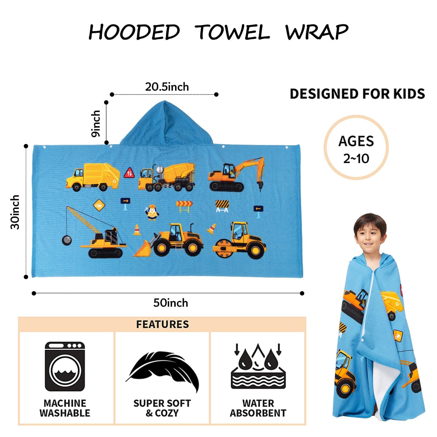 Gealaek Hooded Towel For Toddlers 2-10 Years Boys Girls Kids Bath Pool Beach Towel Wrap Soft Absorbent Beach Poncho(Construction