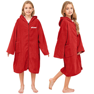 Hiturbo Kids Bath Towel Hoodie: Soft Plush Zipper Surf Poncho - Warm Fleece Changing Towels Swimming Outerwear (Red)