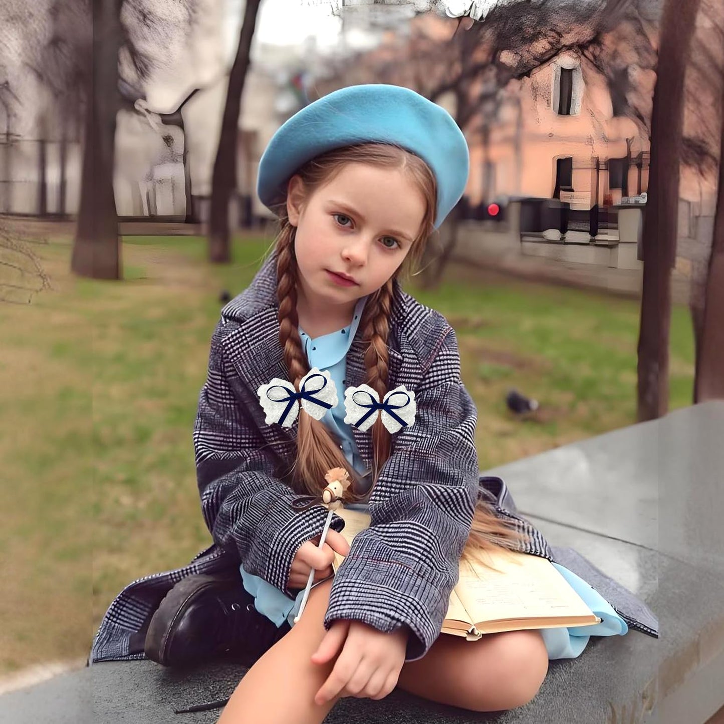 Lmymhmlm 2Pcs Navy Blue Hair Bows For Girls, White Lace Hair Bow With Navy Blue Hair Ribbon, Alligator Bow Hair Clips, Hair Barr