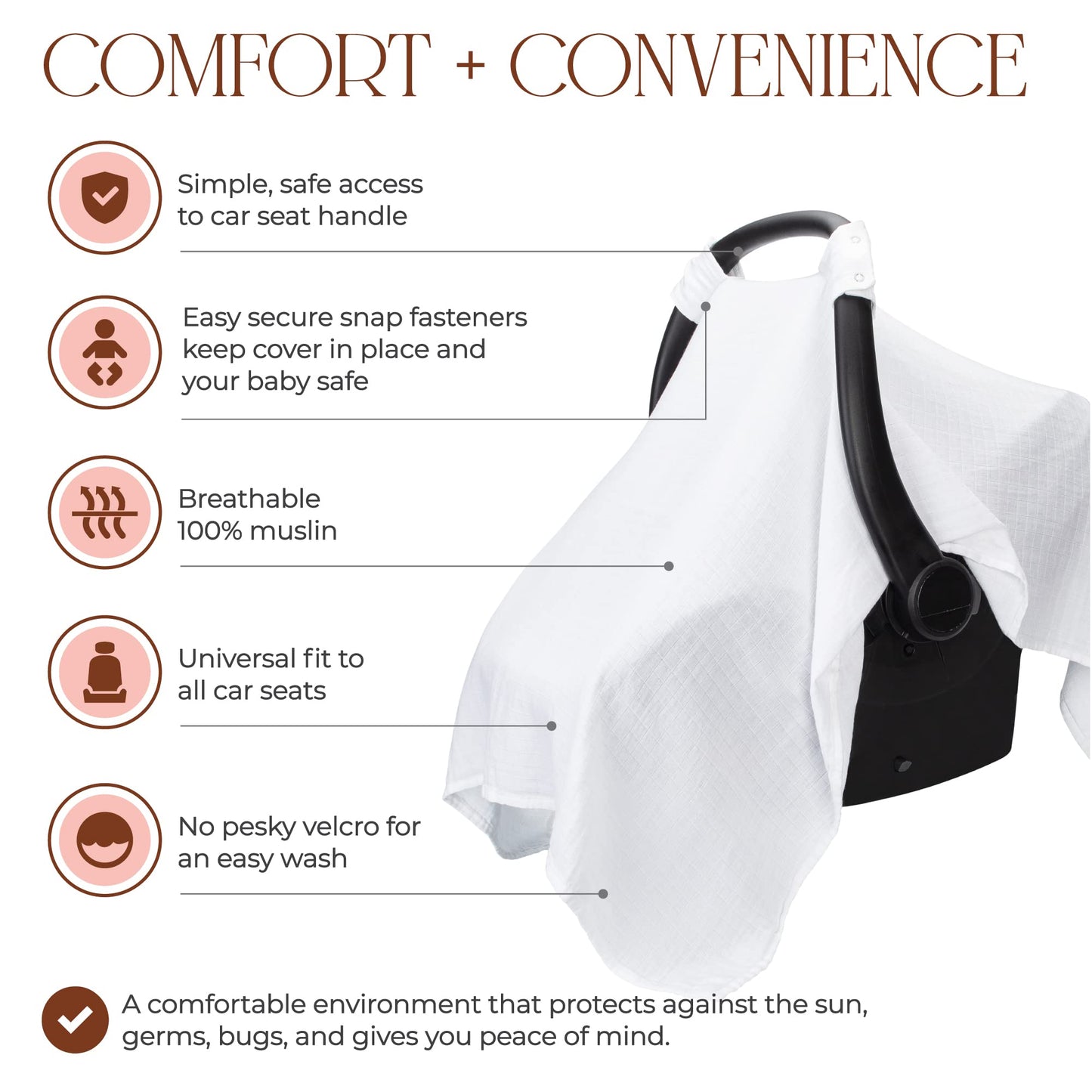 Muslin Cotton Baby Car Seat Cover, Universal Fit Carseat Canopy Covers For Babies, Girls And Boys By Comfy Cubs (White)