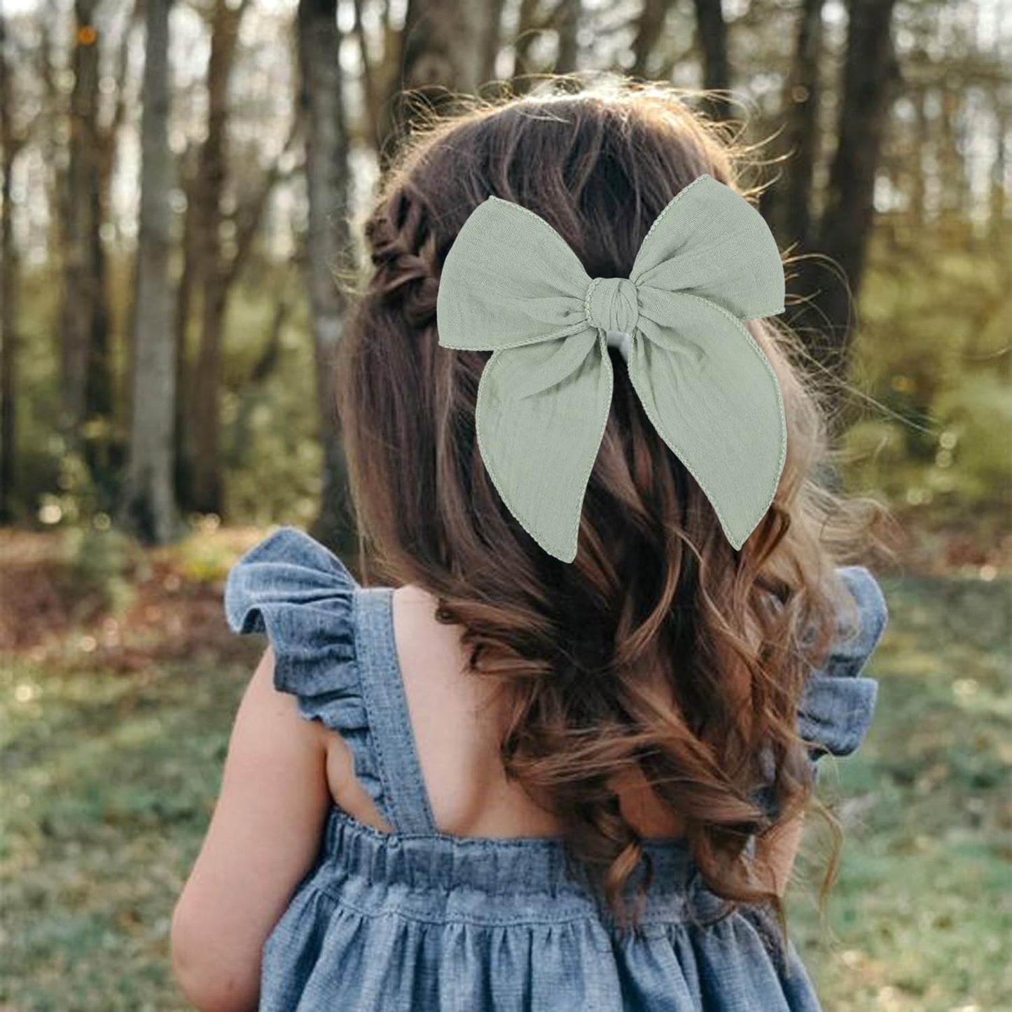 5.5 Inch Light Green Fable Hair Bow: Handmade Linen Cotton Hair Clip For Girls - 1 Pcs