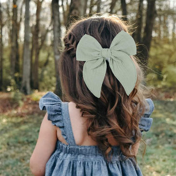 5.5 Inch Light Green Fable Hair Bow: Handmade Linen Cotton Hair Clip For Girls - 1 Pcs