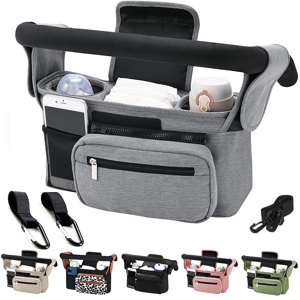 Tyuodna Baby Pram Bag, Universal Stroller Bag with 2 Insulated Cup Holders, Large Capacity Organizer, Stroller Organizer with Sh