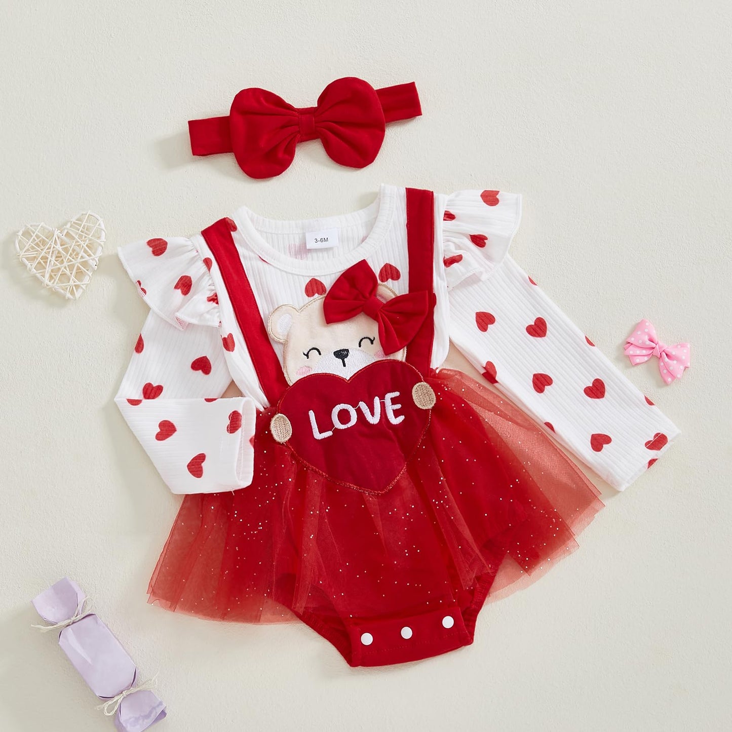 Baby Girl Valentine Outfit - Heart Romper Dress & Onesie For Newborns (Red, 6-9 Months)