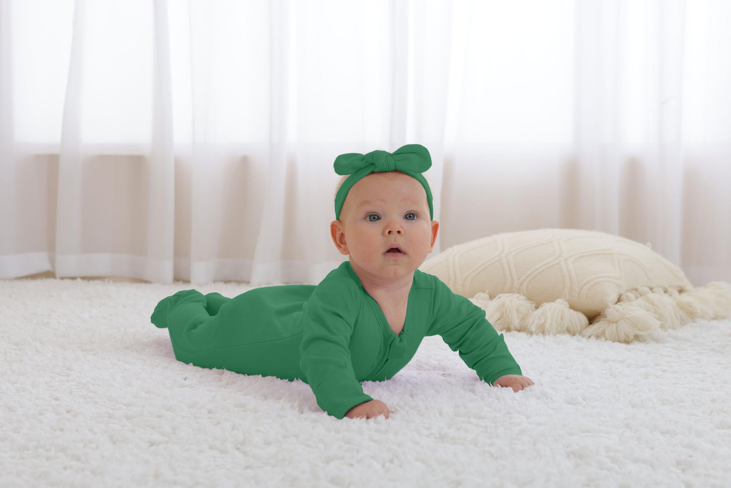 Guisby Footed Long Sleeve Baby Pajamas With Zipper Cotton Infant Sleepers Dark Green+Green Grey 12-18 Months