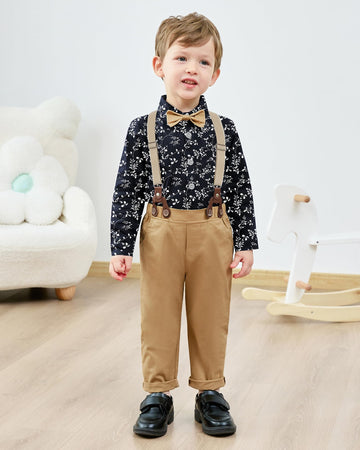 Disaur Toddler Boy Suits Gentleman Wedding Outfits,Formal Dress Shirt+Bowtie +Suspender Pants 12Months-5T(Khaki,4-5T)