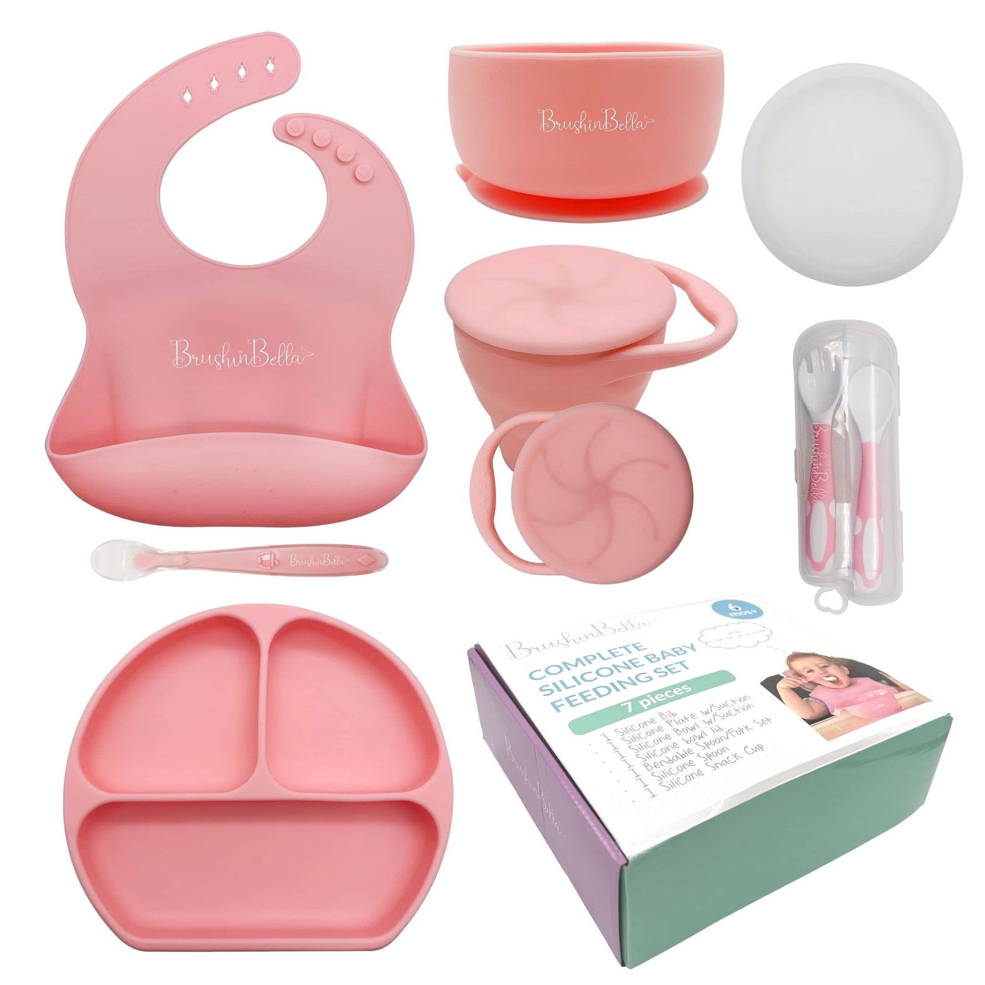 Brushinbella Baby Feeding Supplies - Complete Baby Feeding Set With Baby Plate, Baby Spoons First Stage, Silicone Bib And Snack