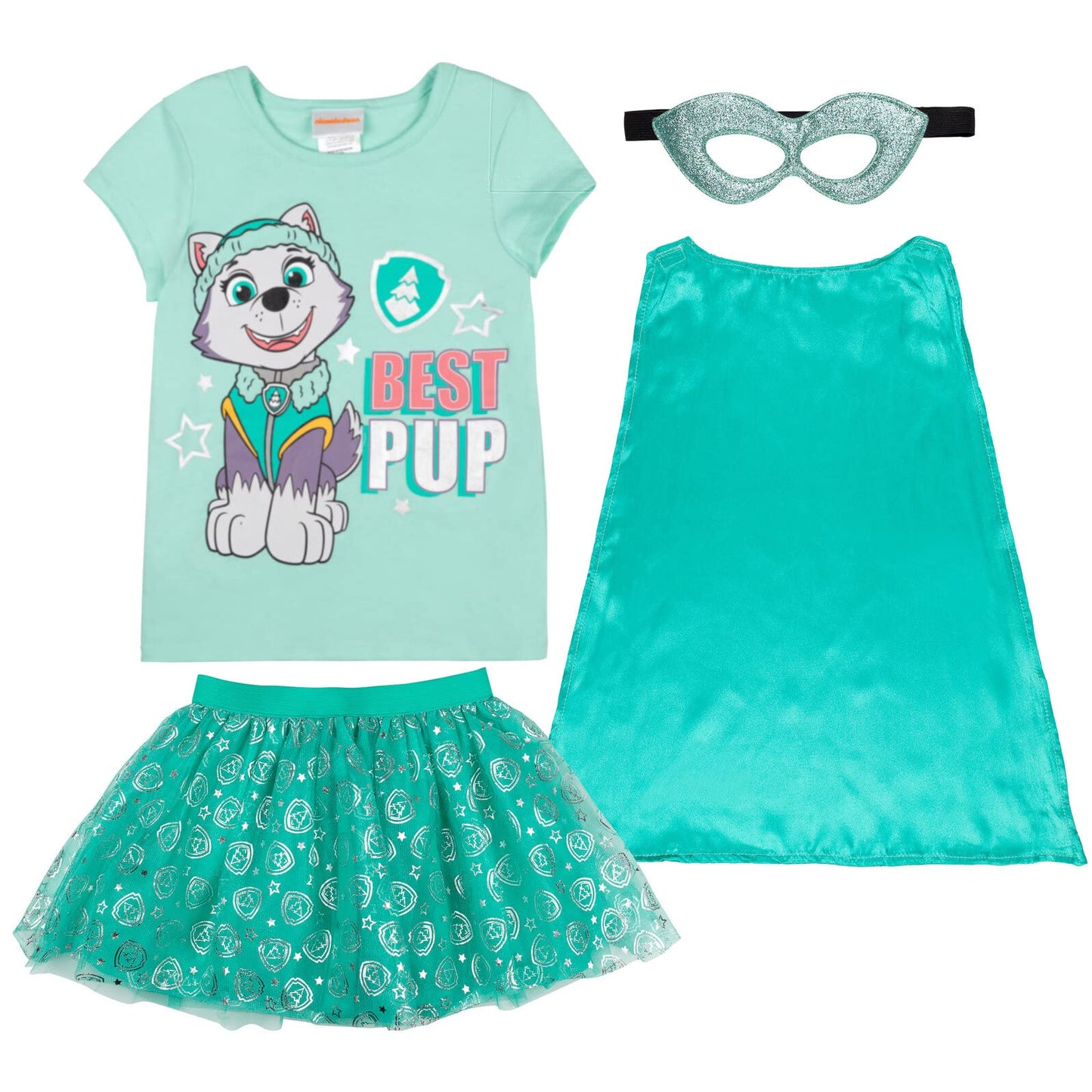 Paw Patrol Everest Little Girls Cosplay Costume T-Shirt Mesh Skirt Tulle Cape And Mask 4 Turquoise 7-8