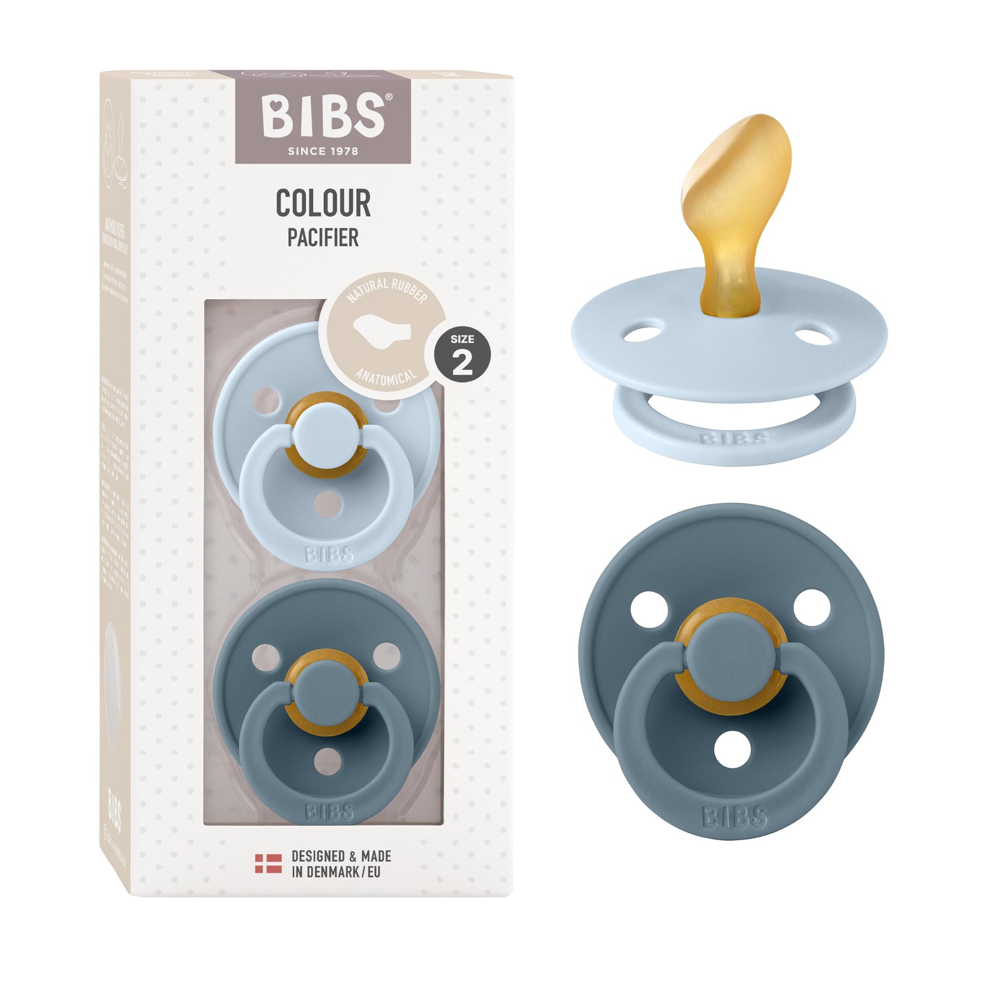 Bibs Pacifiers, Natural Rubber Baby Pacifier, Anatomical Nipple, Pack Of 2, Bpa Free Soother, 0+ Months, Size 2 Baby Blue & Pet