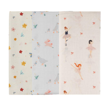 DULAAR Organic Muslin Swaddle (Set of 3) (A World in Bloom + Bunny Hops and Duck Walks + Little Ballerinas)