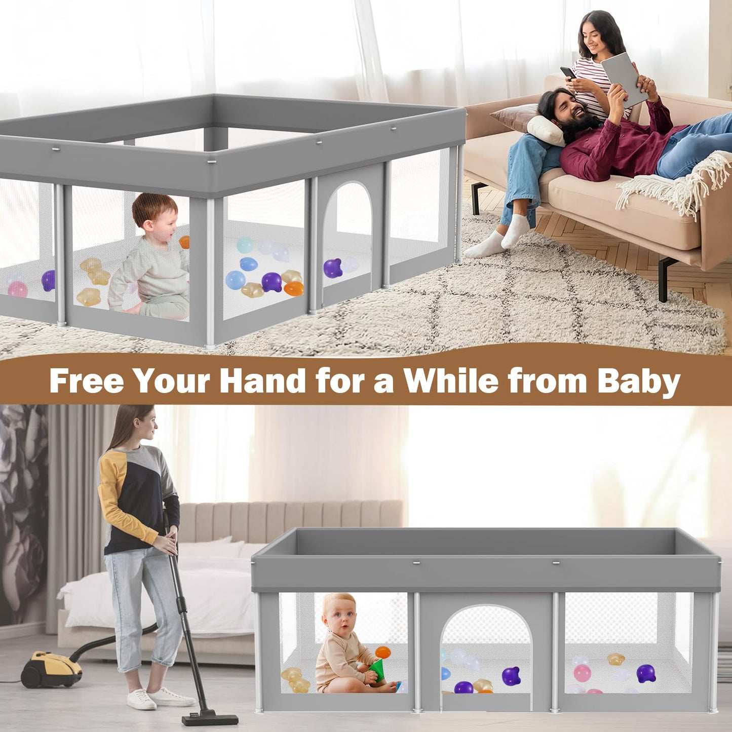 Foldable Large Baby Playpen 50'  71', Playard For Babies And Toddlers, Portable Safety Baby Fence Lightweight,No Installation,