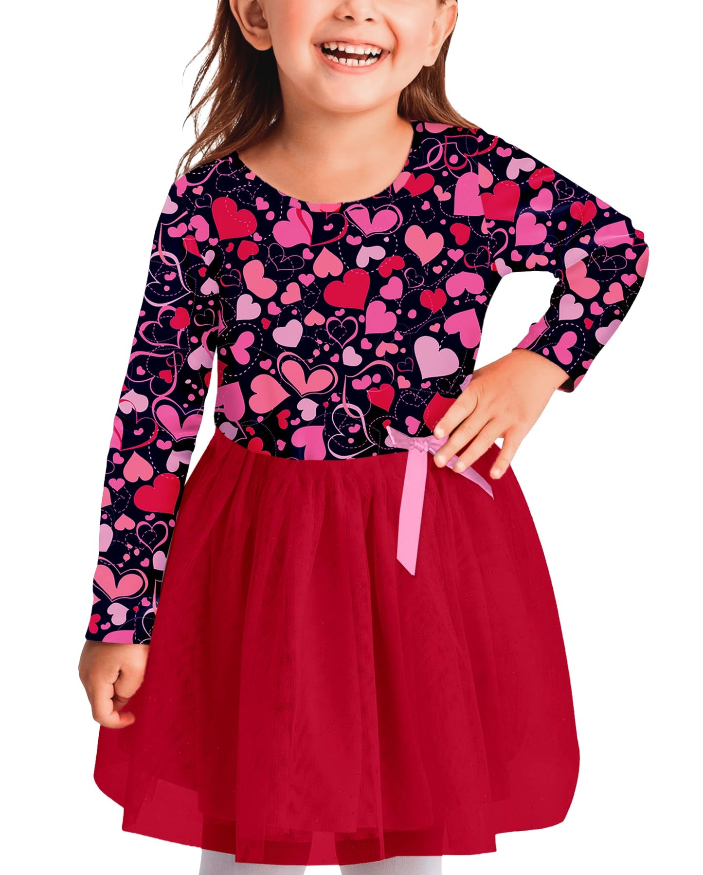 Toddler Girl Valentines Day Tutu Dress Holiday Long Sleeve Love Heart Red Outfits 3-4T