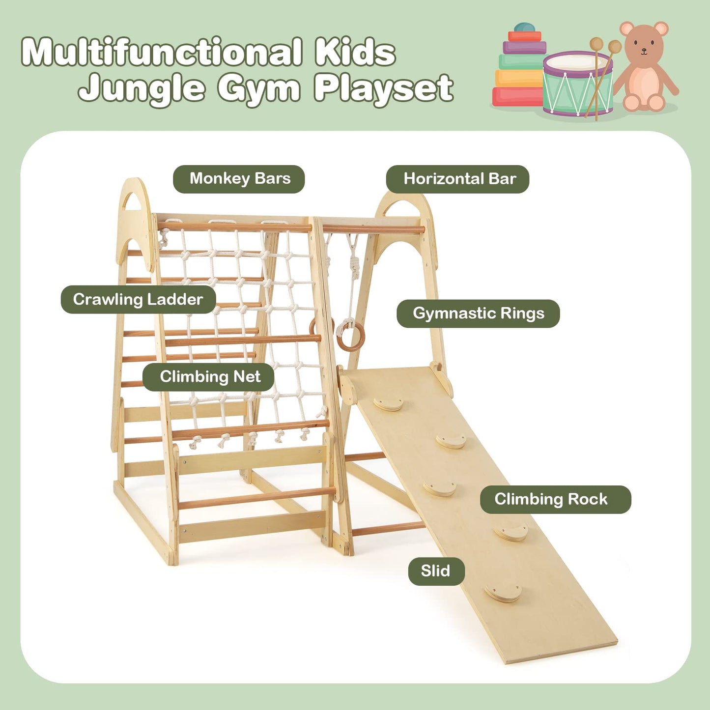 Infans 7 In 1 Kids Indoor Playground, Wooden Montessori Climber Playset With Tent Slide Climbing Rock Climbing Net, Playground J