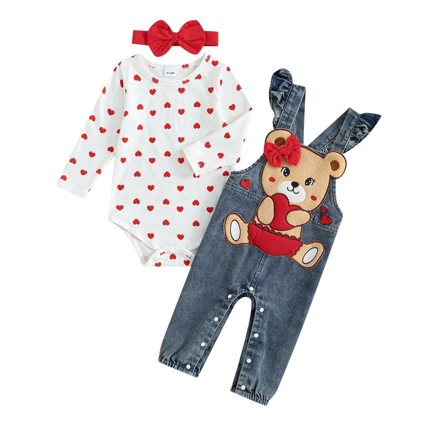 My First Valentines Day Baby Girl Outfit Long Sleeve Romper Onesie Bear Denim Overalls Headband Fall Winter Clothes(A-White Bear