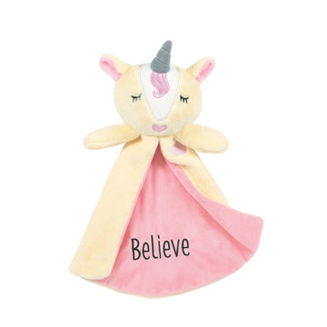 Enesco Izzy And Oliver New Baby Infant Believe Unicorn Tag-A-Long Stuffed Animal Blanket Toy, Multicolor
