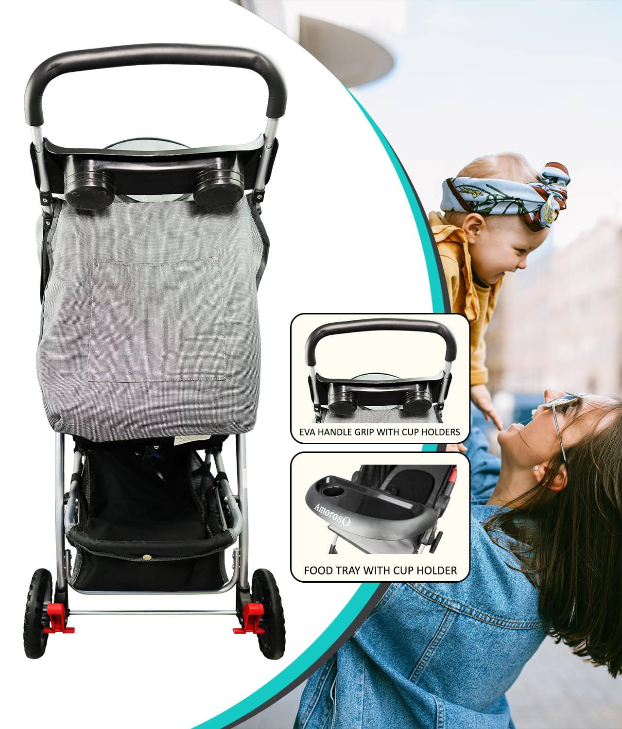 Amoroso Single Stroller - Baby Stroller With Four Wheels - Lightweight Stroller - Convertible Stroller With Extra Storage Space