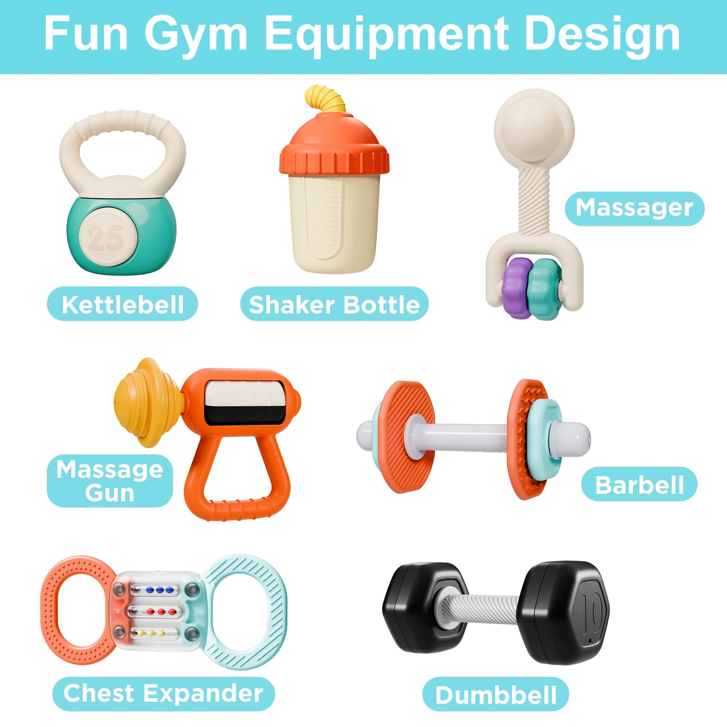 iPlay, iLearn Baby First Gym Rattle Set, Infant Dumbbell Weights Teething Rattles 3-6-12 Month, Newborn Workout Sensory Stroller
