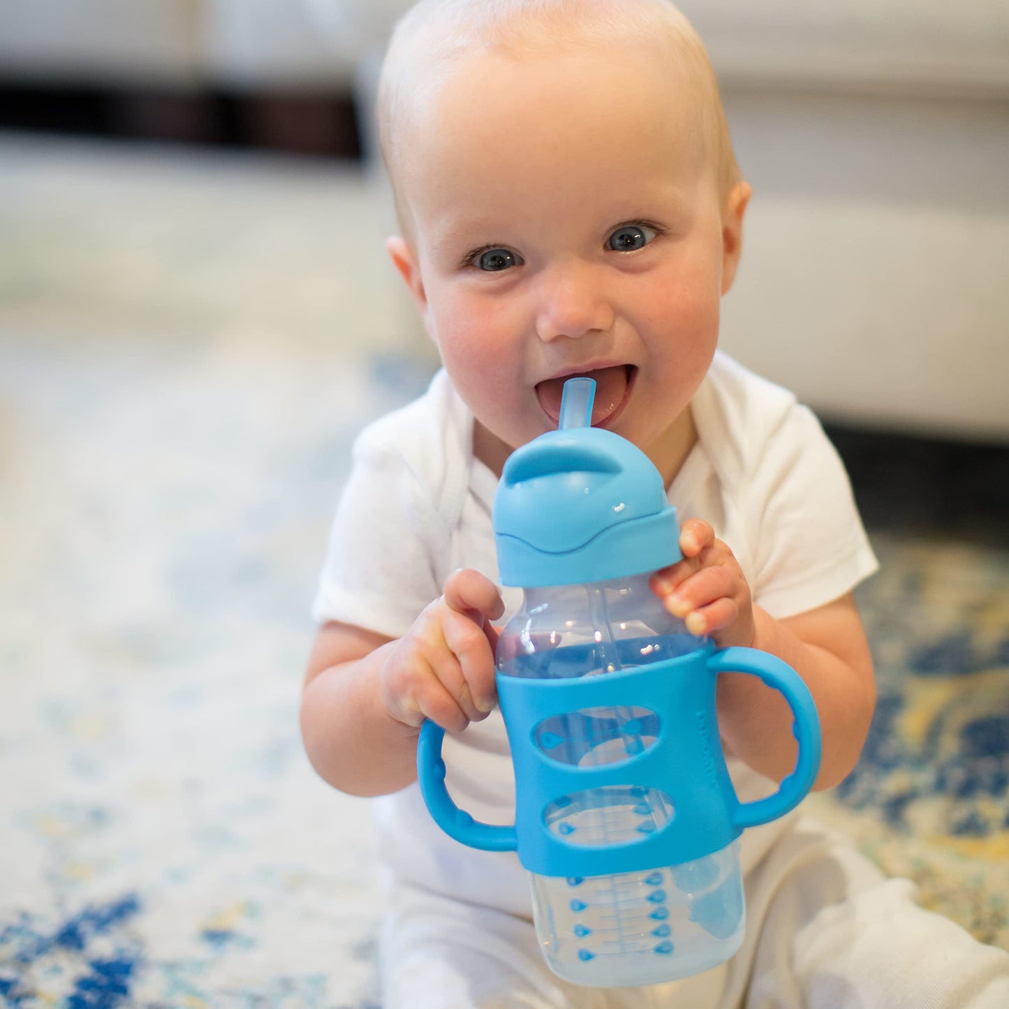 Dr. Brown?S? Milestones? Wide-Neck Sippy Straw Bottle With 100% Silicone Handles, 9Oz/270Ml, Blue, 1 Pack, 6M+