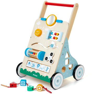 medoga Wooden Baby Walker, 10 in 1 Baby Activity Center Walker Adjustable Wood Toddler Walker Push Walker Toy for Boys and Girls