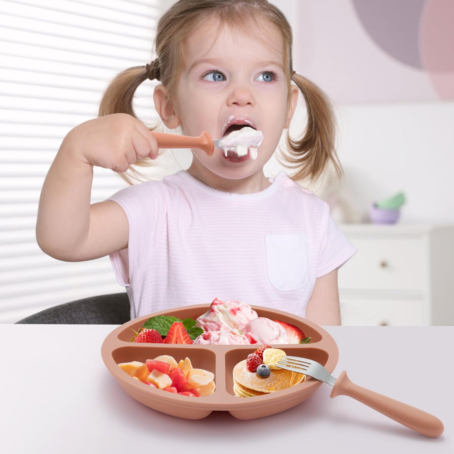 Eascrozn Silicone Baby Feeding Set, 2 Pack Divided Suction Plates For Baby, 2 Pack Spoons And Forks Set Baby Eating Essentials,