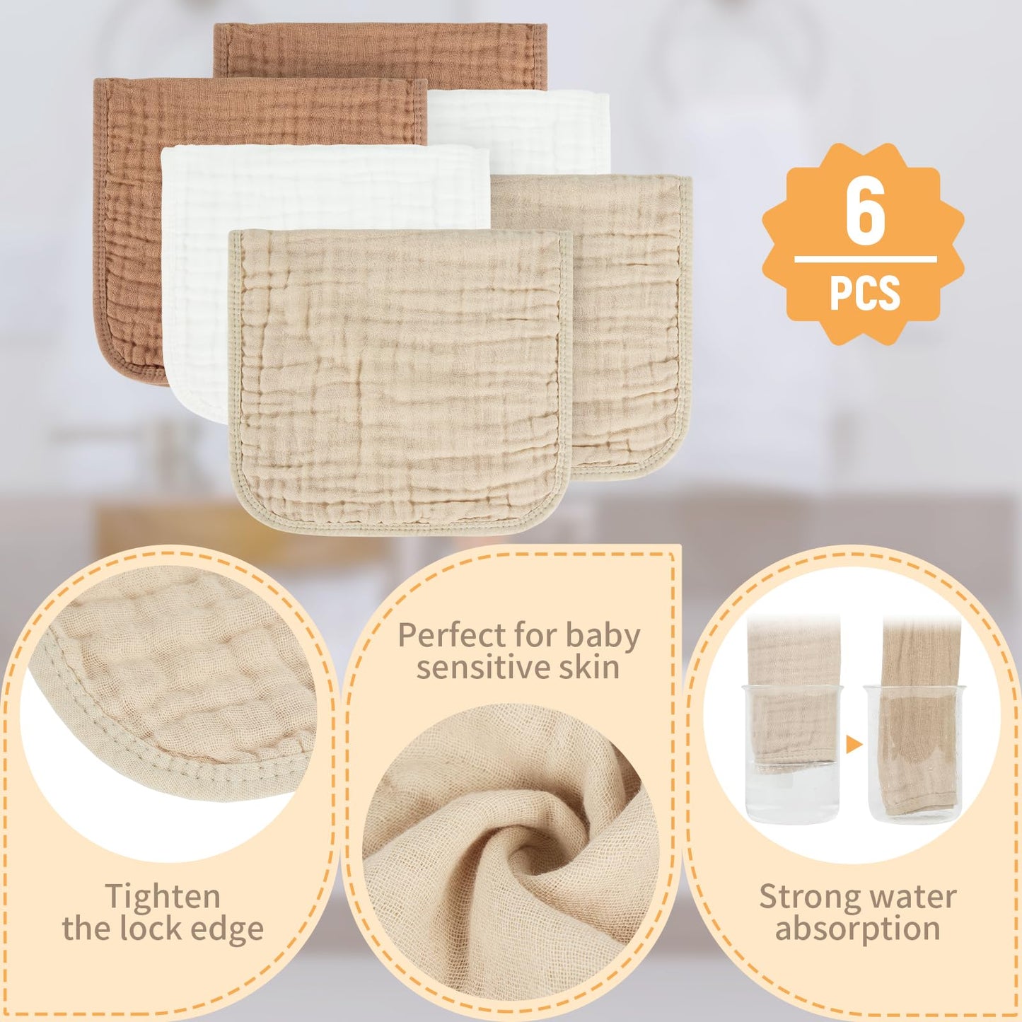 Migiol Baby Burp Cloth 100% Cotton Newborn Cotton Muslin Burp Cloth 10X20 Inches (Apricot Color 6 Pieces)