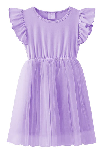 Lyxiof Girls Tutu Dress Casual Tulle Summer Solid Color Ruffle Sleeve Dress Purple 110Cm