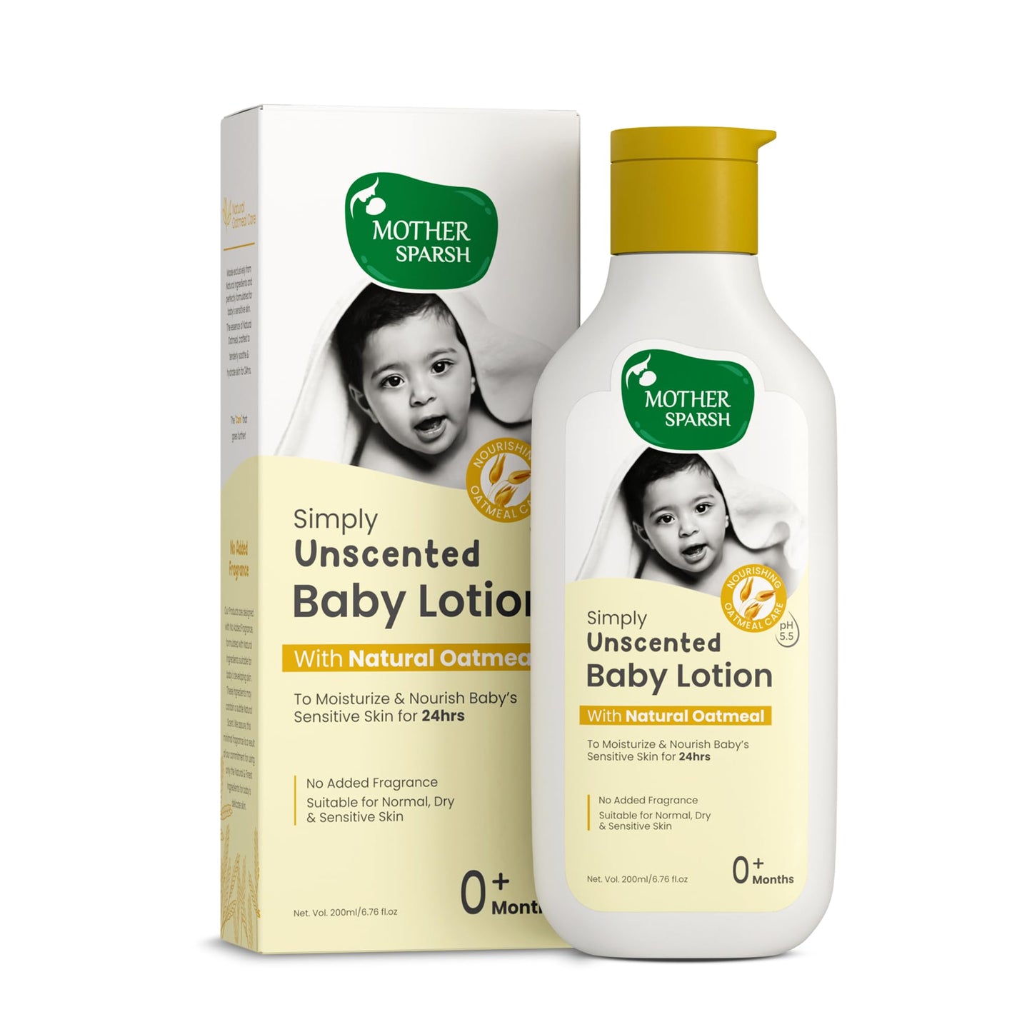 Mother Sparsh Simply Unscented Baby Lotion With Natural Oatmeal- 200Ml | Fragrance Free Lotion For Babies | 24Hr Protection For 