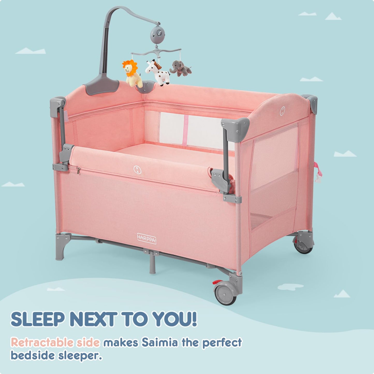 Harppa Pack And Play 5 In 1, Portable Baby Playard For Travel, Baby Bassinet Bedside Sleeper With Mattress, Rolling Bassinet For