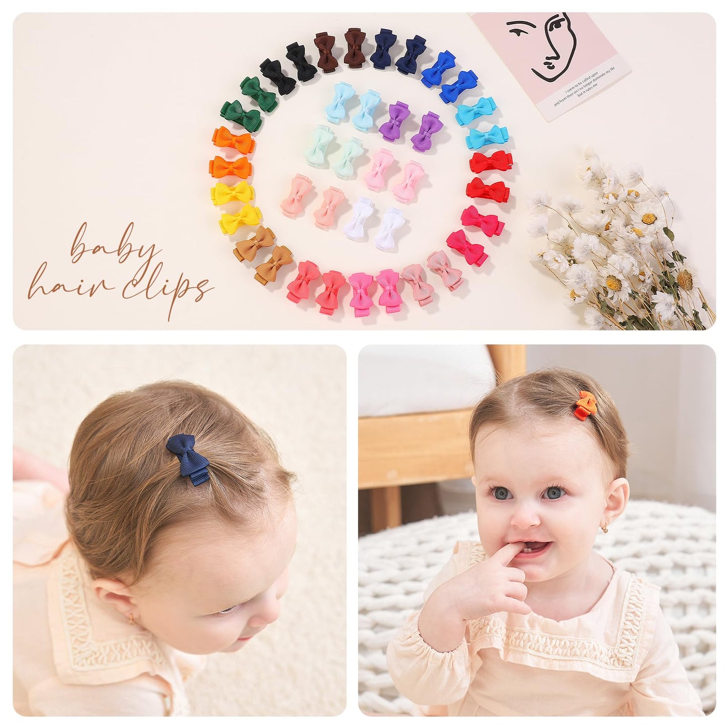 Mini Fully Lined Grosgrain Ribbon Bows Hair Clips For Girls And Infants - 1.2' Tiny Hair Clips In 20 Color Pairs (40Pcs)