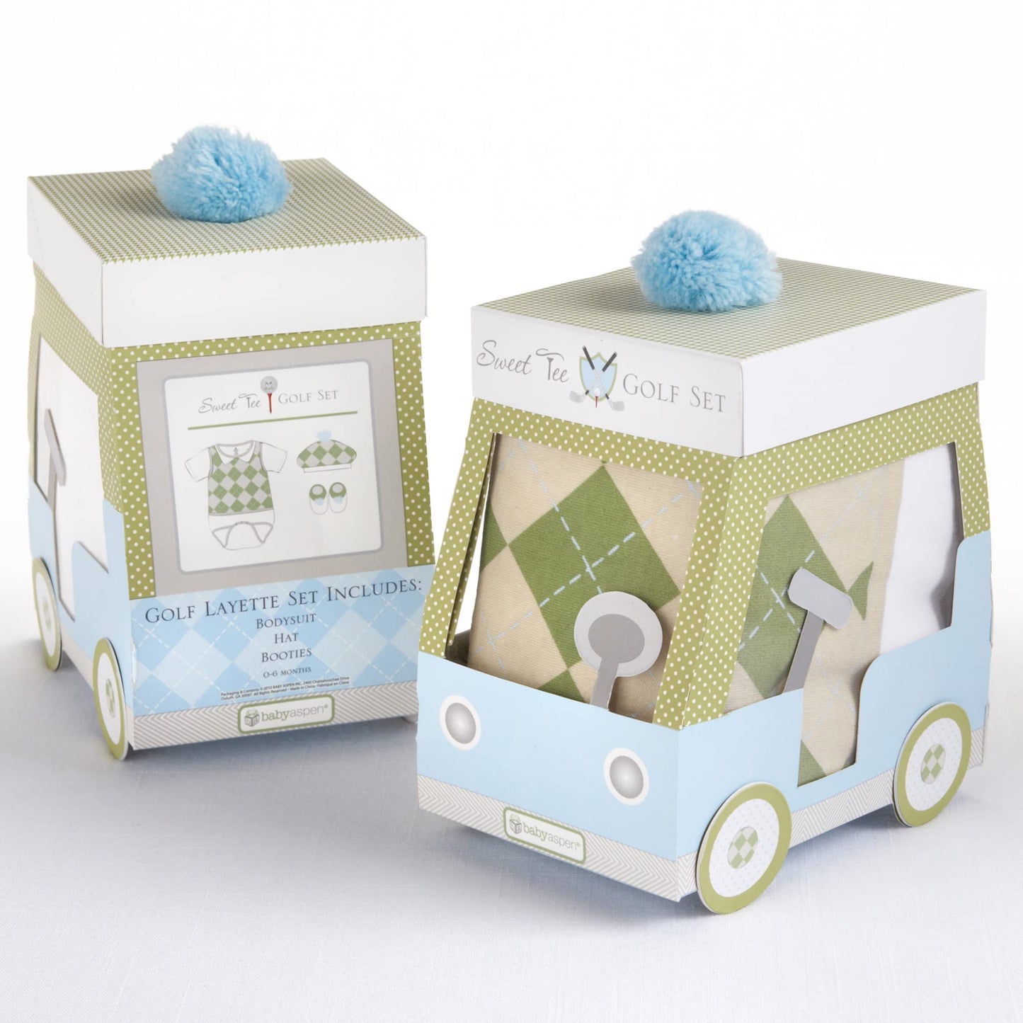 Baby Aspen Three Piece Layette Set In Golf Cart Package, Green/White, 0-6 Mos.