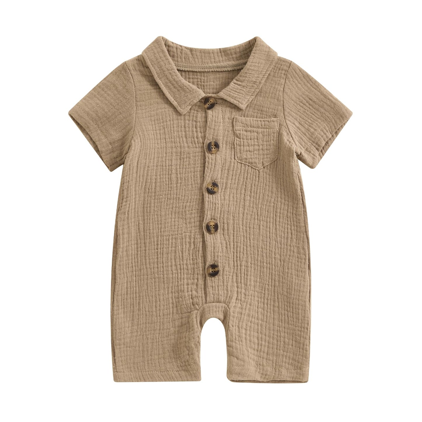 Honganda Summer Baby Boy Cotton Linen Jumpsuit Short Sleeve Button Down Playsuit Romper One Piece Outfit 0-24M (Khaki, 3-6 Month