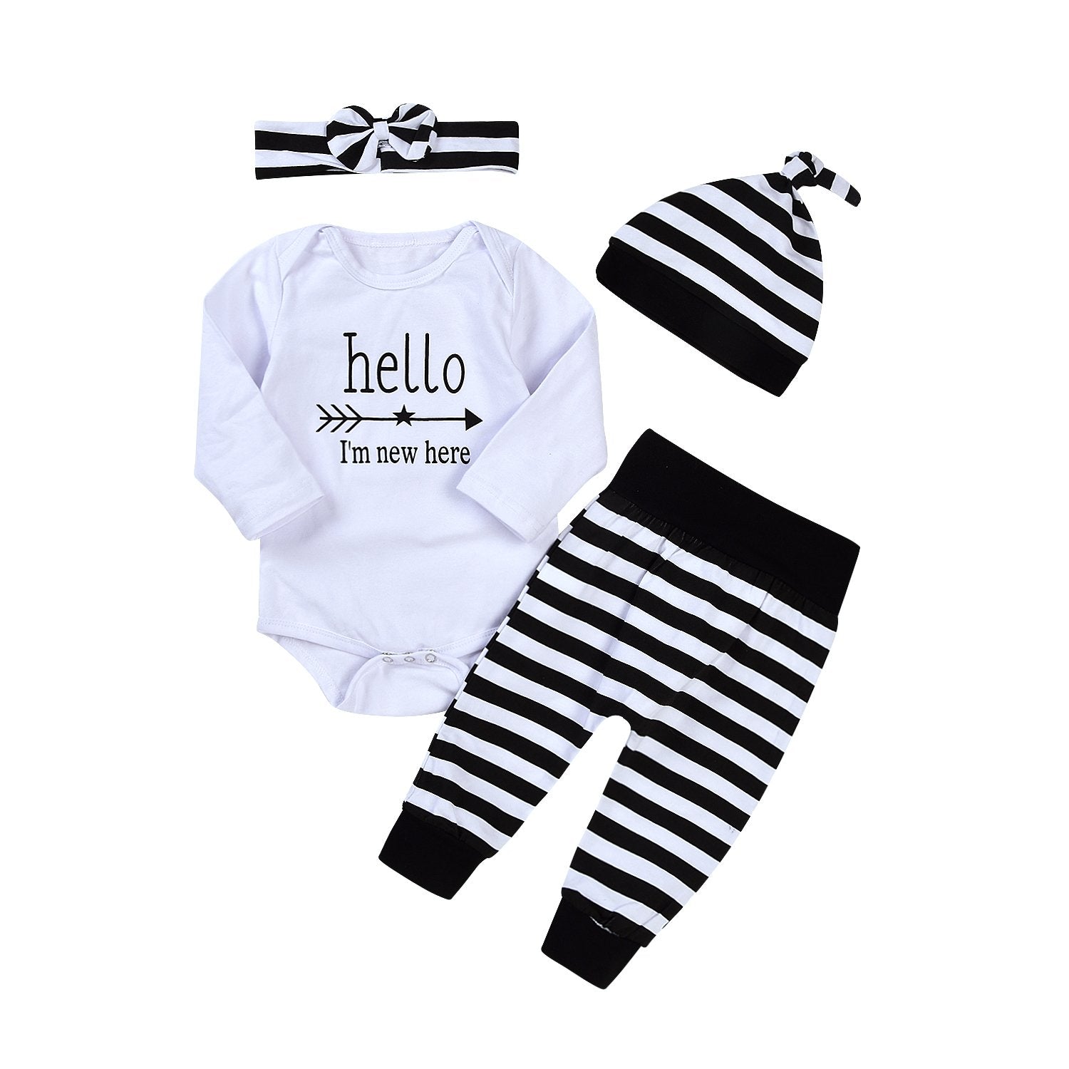 Newborn 4Pcs Set Outfit Striped Hoodie With Romper Jumpsuit+ Striped Long Pants And Hat (0-3Months, Long Sleeve)